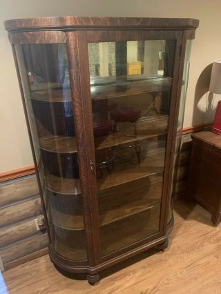 Antique Tiger Oak Glass Front Curio Cabinet With Key Estate Find