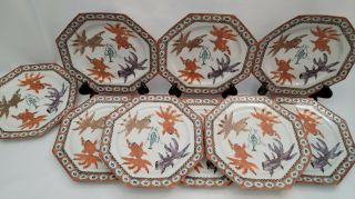 Chinese Late Republic Early 20th Hand Painted Goldfish Octagonal Plates Set Of 8