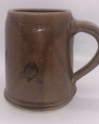 Antique Western Stoneware Black Owl Brown Mug Monmouth Pottery Vintage 5” Tall