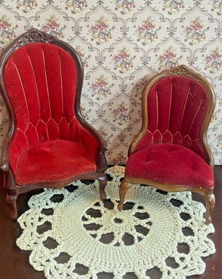 2 Vintage Miniature Dollhouse Victorian Maroon Tufted Velvet Chairs Rug 1:12