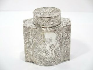 4 3/8 In - European Silver Antique German Hanau Dating/love Scenes Tea Caddy