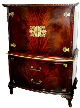 Vintage Chinese Chippendale Flame Mahogany Chest On Chest Armoire Dresser