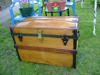 Antique Steamer Trunk Camel Back Top Wood Chest Brass Lock And Key 1880s