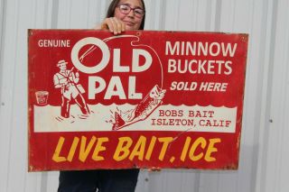 Large Vintage Old Pal Minnow Buckets Live Bait Fishing Gas Oil 36 " Metal Sign
