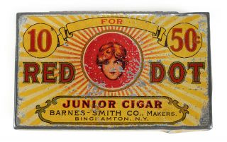 1920s Red Dot Junior Cigar Adv.  Lithographed Antique Tin Box - Barnes - Smith Ny