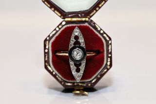 Antique Victorian 14k Gold Natural Diamond And Rose Cut Diamond Enamel Ring