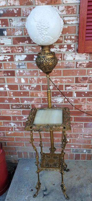 Antique Piano Parlor Floor Lamp Ornate Cast Iron Brass Marble 2 Tier Table