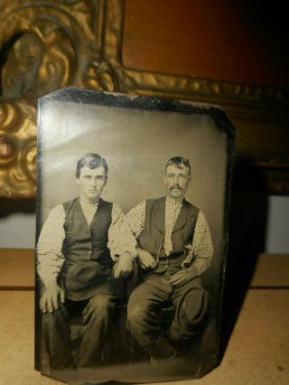 Antique Tintype Photo 2 Men,  Brothers?,  Father & Son?,  Hats,  Mustach,  Tinted
