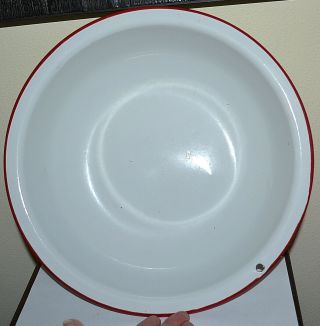 VINTAGE White Enamel Porcelain Wash Bowl Basin w Red Trim Metal 12” Farmhouse 2