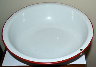 VINTAGE White Enamel Porcelain Wash Bowl Basin w Red Trim Metal 12” Farmhouse 3