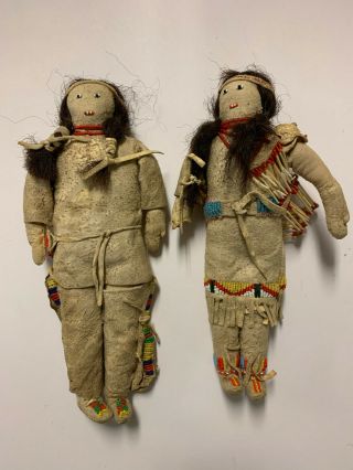 Antique Native American Indian Beaded Leather Plains Tribe Dolls Rare
