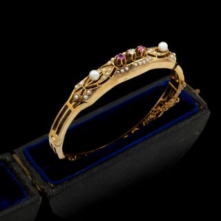 Antique Vintage Deco 14k Gold Ruby Diamond Seed Pearl Wedding Bangle Bracelet