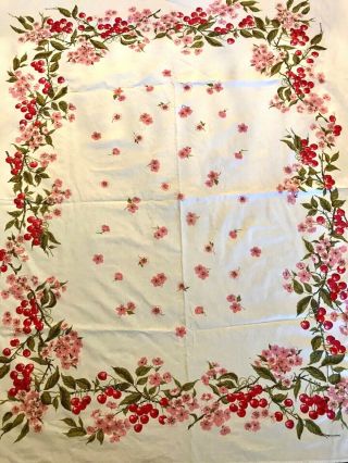 Vintage White W/ Cherries & Blossoms Cotton Tablecloth 52 " X 63 " - Very Good