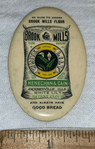 Antique Celluloid Pocket Mirror Brook Mills Lily White Flour Jacksonville Il Old