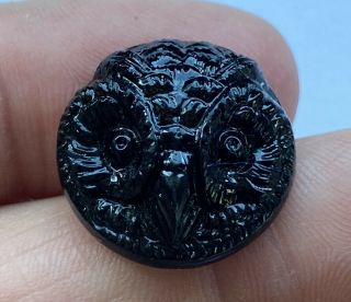 Antique Vintage Victorian Black Glass Picture Button Owl Bird Head 3/4”
