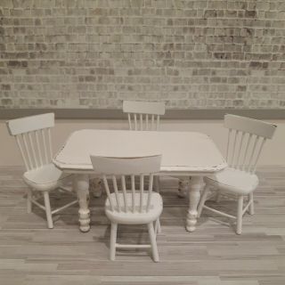1:12 Dollhouse Miniature Vintage Wood Table,  White Distressed,  & 4 Chairs