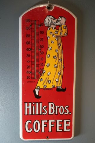 1915 Hills Brothers Coffee Porcelain Sign & Thermometer Antique
