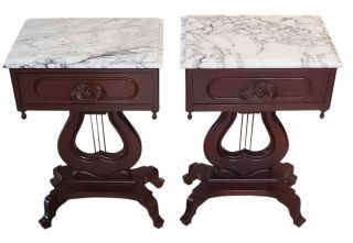 Vintage Victorian Style Mahogany Marble Top Side Tables,  27.  5″h,  Pa5807