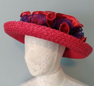 Womens Red Hat Society Straw Hat W Rim Breton Style Gathered Ribbons Size 7/med