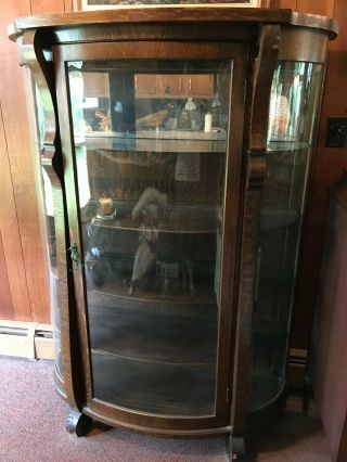 Antique Oak Wood & Curved Glass China Cabinet,  Curio,  Plates Display,  Key