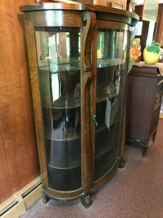 Antique Oak Wood & Curved Glass China Cabinet,  Curio,  Plates Display,  Key 3