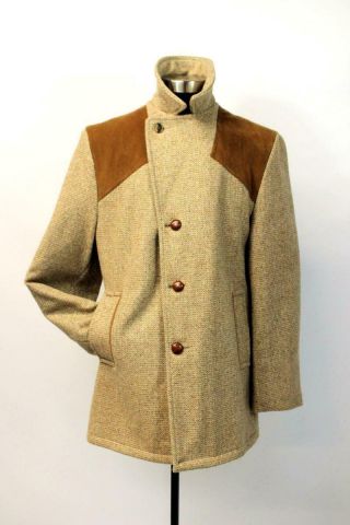 Vintage 70s Campus Tweed Coat Shooting Jacket Brown Faux Suede Hunting 44 R