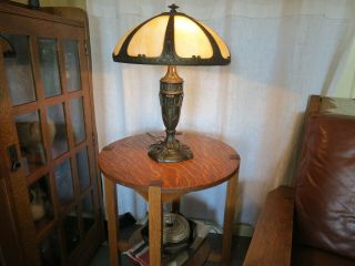 Antique Slag Glass Lamp Large 8 Panel Bradley Hubbard Handel Arts & Crafts Era