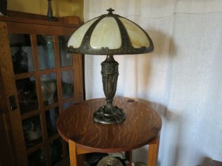 Antique Slag Glass Lamp LARGE 8 Panel Bradley Hubbard Handel Arts & Crafts Era 4