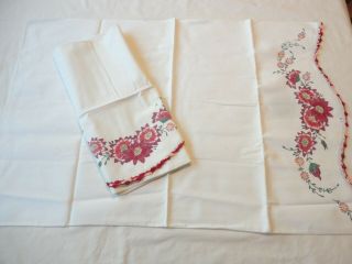 Pillow Cases Set 2 Vintage Muslin White With Hand Painted Floral & Crochet Edge