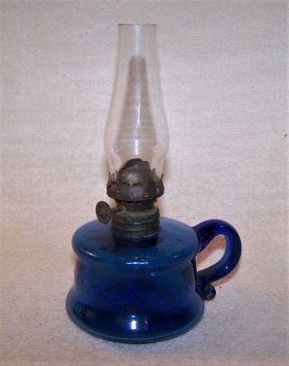 Fine Antique Miniature Oil Finger Lamp - Little Butter Cup - Blue - Estate