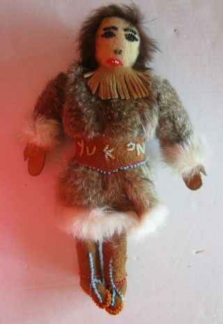 Vtg Alaska Eskimo Inuit Handmade Doll Leather Fur Beads Yukon 11 " Tall