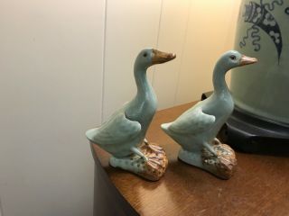 2 Antique Chinese Export Porcelain Celadon Duck Goose Figure 6”