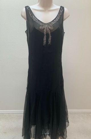Vintage Antique 1930 Black Chiffon Evening Gown Dress Size Medium