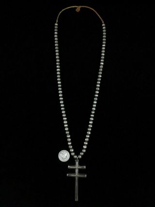 Antique Navajo Cross Necklace - Coin Silver Double Bar Cross - Large