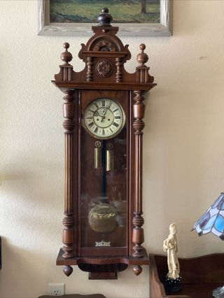 Large 50” Vintage Antique Germany Gustav Becker Clock 2 Brass Weights Driven