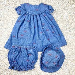 Vintage Blue Wide Collar Dress,  Bloomers,  & Bucket Hat Girls 12 Months Bows