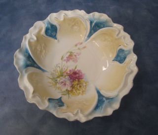 Antique R.  S.  Prussia Unmarked Large Serving Bowl Blue And White Ruffled Edges
