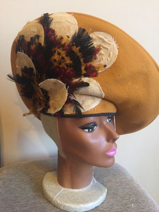 Vintage Jack Mcconnell Boutique Felt Feather Hat Tan