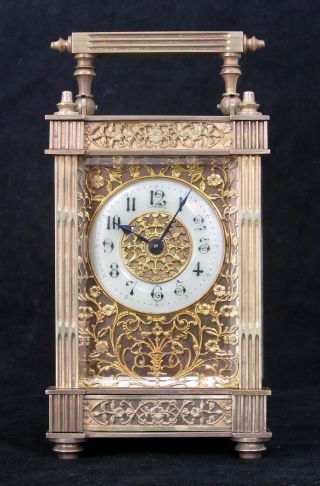 Rare Antique French Carriage Clock,  Full Gilt Filigree On 3 Sides,  Well