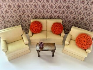 Vintage Living Room Dollhouse Miniature 1:12 Pillow Coffee Table Chair Love Seat