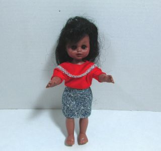 Vintage African American Sleepy Eye Doll In Denim Skirt & Red Top 8 1/4 " Sweet