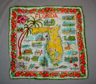 Vintage Florida State Map Souvenir Hanky Scarf 17 X 17 Oranges Rayon Japan 1