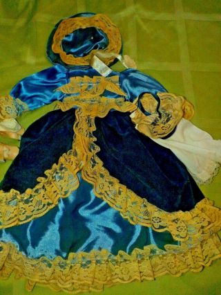 Vintage Doll Outfit:14 " Lacy Blue Dress W/matching Bag&hat,  Bloomers,  Socks &shoes