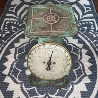 Vtg Columbia Family Scale 24 Pound Green Rust Finish Farmhouse Shabby Chic