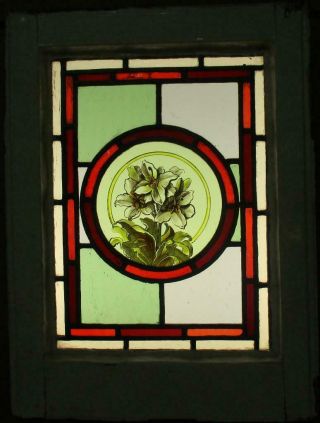 Victorian English Leaded Stained Glass Window Hand Painted Flowers 14 " X 18.  75 "