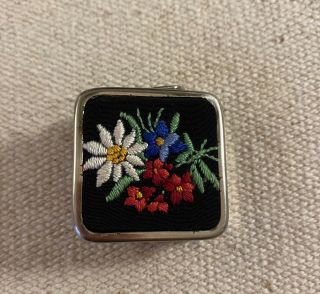Vintage Sewing Measuring Tape Made In Austria Needlepoint Floral Metal Case