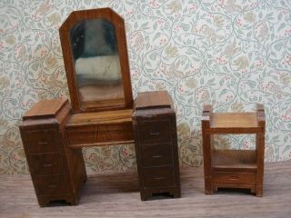 Dollhouse Miniatures Vintage Strombecker Playthings Walnut Vanity And Bed Table