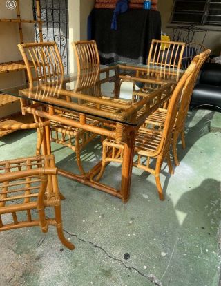 Vintage Rattan Dining Table And 6 Chairs Circa 1970s