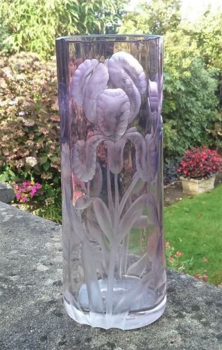 Large Antique Bohemian Moser Art Nouveau Intaglio Glass Vase Iris Hand Engraved