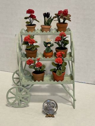 Vtg Artisan Flowers On French Metal Flower Cart Dollhouse Miniature 1:12